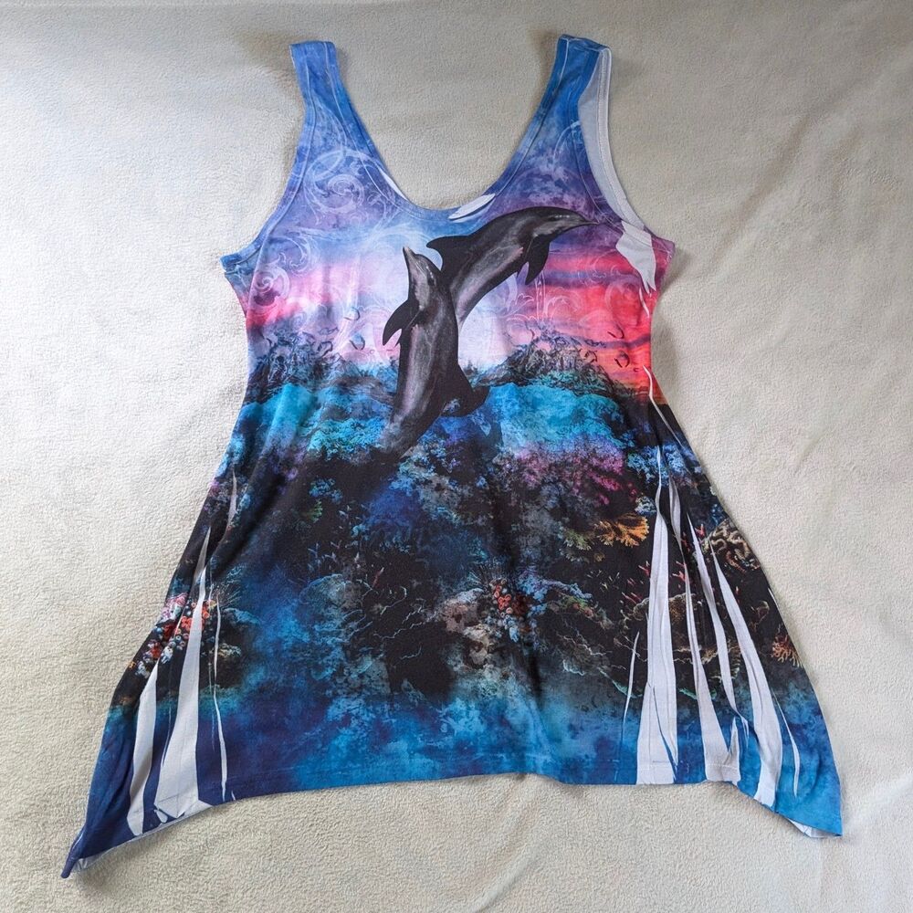Y2K Dolphin Graphic Tank Top Women's Large Blue - Picture 3 of 7
